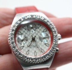 Women’s DMQ Chronograph Watch Red Leather Crystal Accents ~ Good Condition