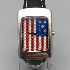 USA Crystals Womens Watch 27mm Red White Blue Dial Black Leather New Battery