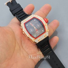 Iced Watch Rose Gold Bling Rapper Stylish Simulate Diamond Silicone Band Luxury