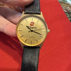 ELKEM Advertising Quartz Watch Gold Tone Promo Logo Watch BAND 17.5 Lizard Calf