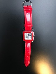Womens Red Faux Patent Leather Band Watch Silver Dial Blue Hands Jewels- New