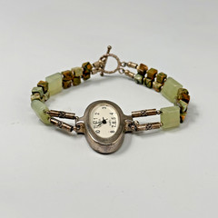 Geneva Watch Women Silver Tone Unakite Beaded Band Sterling Clasp New Battery