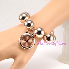 Designer Rose Gold Plated Big Chunky Ball Beads Boho Cuff Charm Bracelet Watch