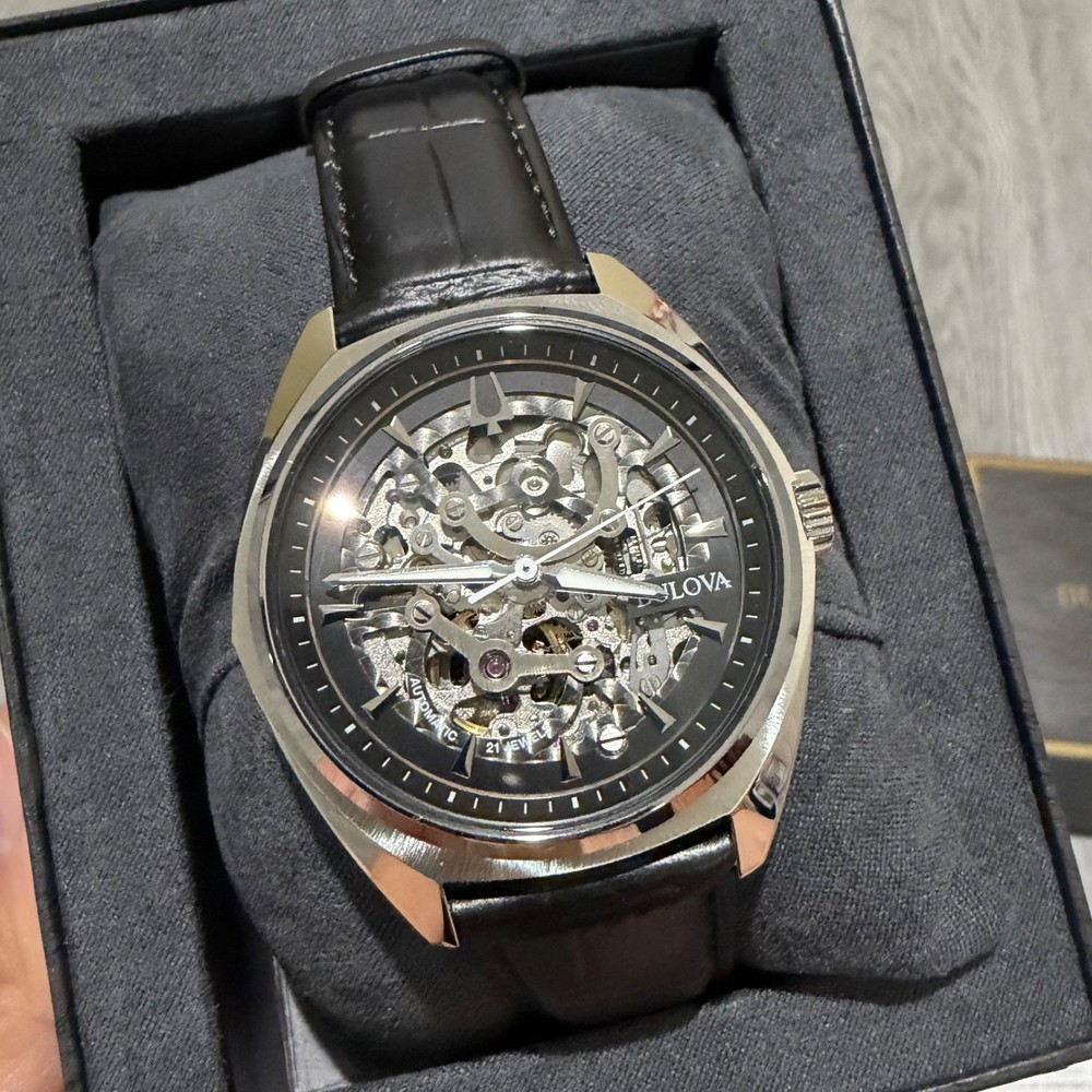 *NEW* Bulova Surveyor 96A310 Automatic Skeleton Watch with Black Leather