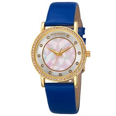 New Women’s Akribos XXIV AK791BU Crystal Bezel MOP Pattern Dial Blue Strap Watch