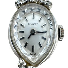 Vtg Bennett 14K White Gold Diamonds Ladies Wrist Watch Swiss Speidel Strap
