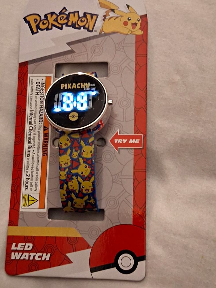 Pokemon Pikachu Digital LED Quartz Kids Wristwatch Multicolor Band Silver Case