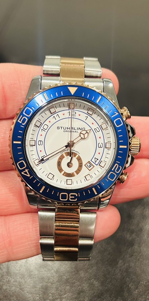Stuhrling Men’s Chronograph White Dial Blue Bezel Two Tone Stainless Steel Watch