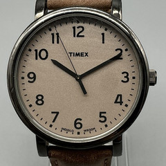 Timex Mens Watch 42mm Beige Dial Black Case Brown Leather Indiglo New Battery
