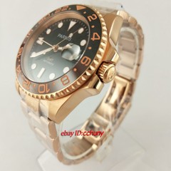 40mm PARNIS black dial Sapphire glass rose gold date GMT automatic watch 2704