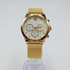 Chronograph Style Watch 8in Wrist Gold Tone White Dial Mesh Band Unbranded