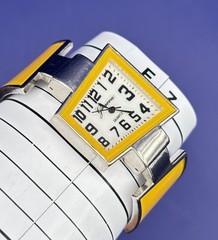 Ladies Geneva Asymmetrical Unusual Shaped Yellow Enamel Bezel Hinged Cuff Watch
