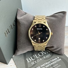 Bulova 97D108 Classic Diamond Black Dial Gold-Tone Men’s Quartz Watch 40mm New