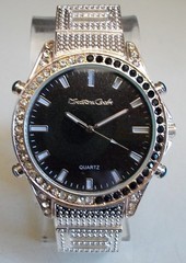 Men’s clear & black stone trim black dial silver finish hip hop fashion watch