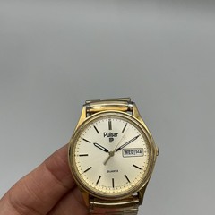 Vintage Pulsar Men Watch 33mm Champagne Dial Day Date Stretch Y148-6019