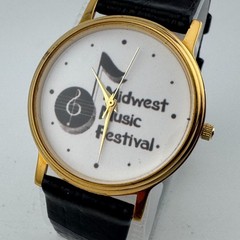 VTG Midwest Music Festival Quartz Watch Men Gold Tone Leather Analog New Battery