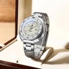 44MM QINGXIYA Tuna Quartz Mens Watch Stainless Steel 30M Waterproof Luminous NEW