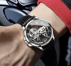 OLEVS Skeleton Watches for Men Automatic Self Winding Mechanical Luxury Leather