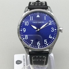 Vince Camuto Mens Watch 42mm Silver Tone Blue Dial Pilot Aviator Black Strap