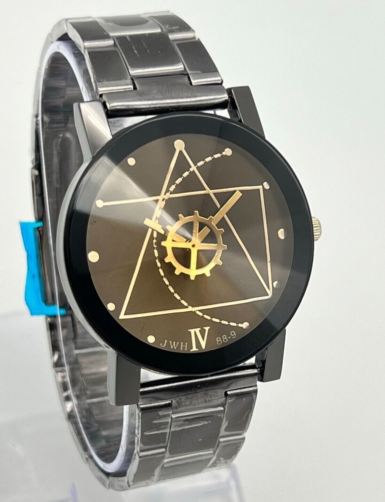 NEW Unisex Geometric Designed New Age JWH Black/Gold Tone Faceted Crystal Watch