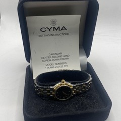 Cyma Womens Two Tone Bracelet Watch Black Dial Quartz Date 50m Swiss Sapphire