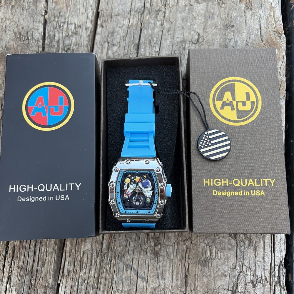 Brand New In Box Never Worn AJ Watch Astronaut Outer Space Stars Moon Sun Blue