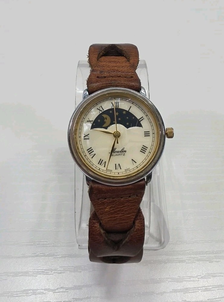 Moulin Quartz Moon Phase Watch Pearl Round Face Brown Band Stars New Battery