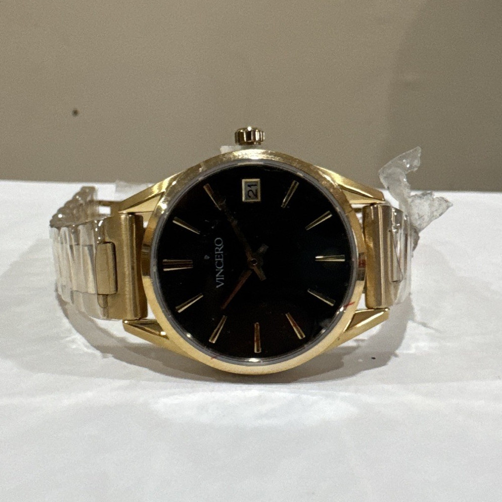 Vincero Men’s Quartz Dress Watch Black Dial Date Gold Tone Bracelet Analog