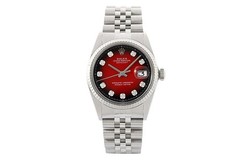 Rolex Mens Datejust 18K White Gold Steel Red Vignette Diamond Dial Watch