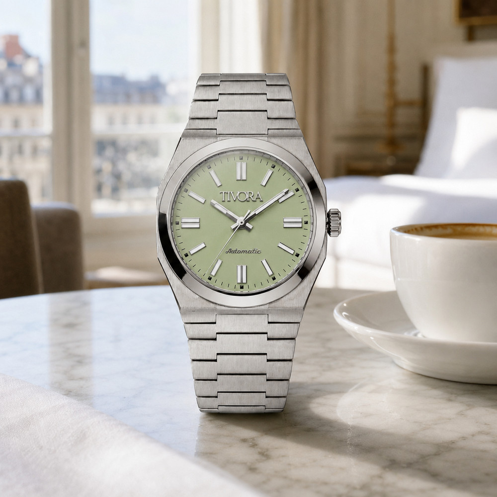TÍVORÁ Échelon Argent Steel Lime Dial – Custom Branded Automatic Watch