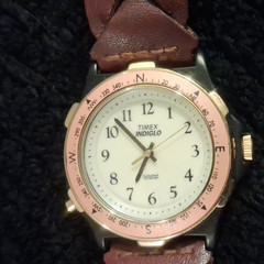 Timex Indiglo Compass Bezel Quartz Women’s Gold Tone 26mm Leather Watch