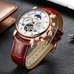 Mens Automatic Mechanical Watch Date Day Rose Gold White Brown Leather Strap