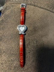 Brighton Silver Patina Fairfax Heart Watch Red Orange Leather Band Eclectic