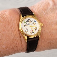 Disney Time Works Mickey and Friends Watch Ladies Gold Tone Leather Band VGUC