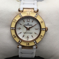 Anne Klein Watch Women 32mm White MOP Gold Tone Bezel Crystals New Battery 6.25″