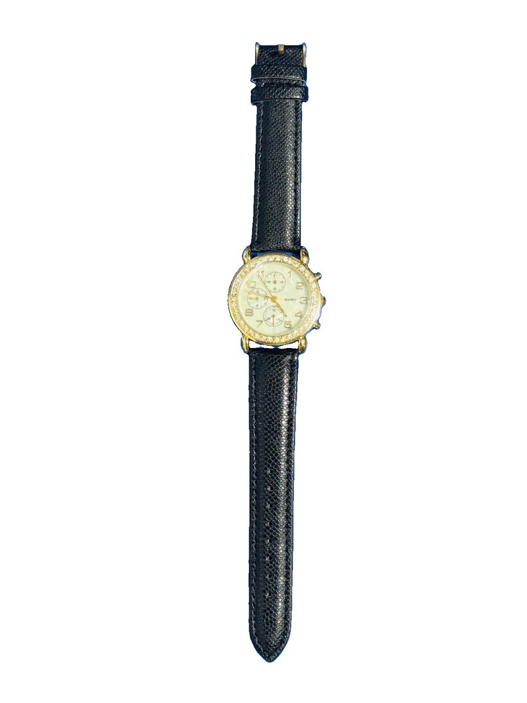 Black Gold Faux Leather Watch Strap New York Rhinestones Chic Business Casual
