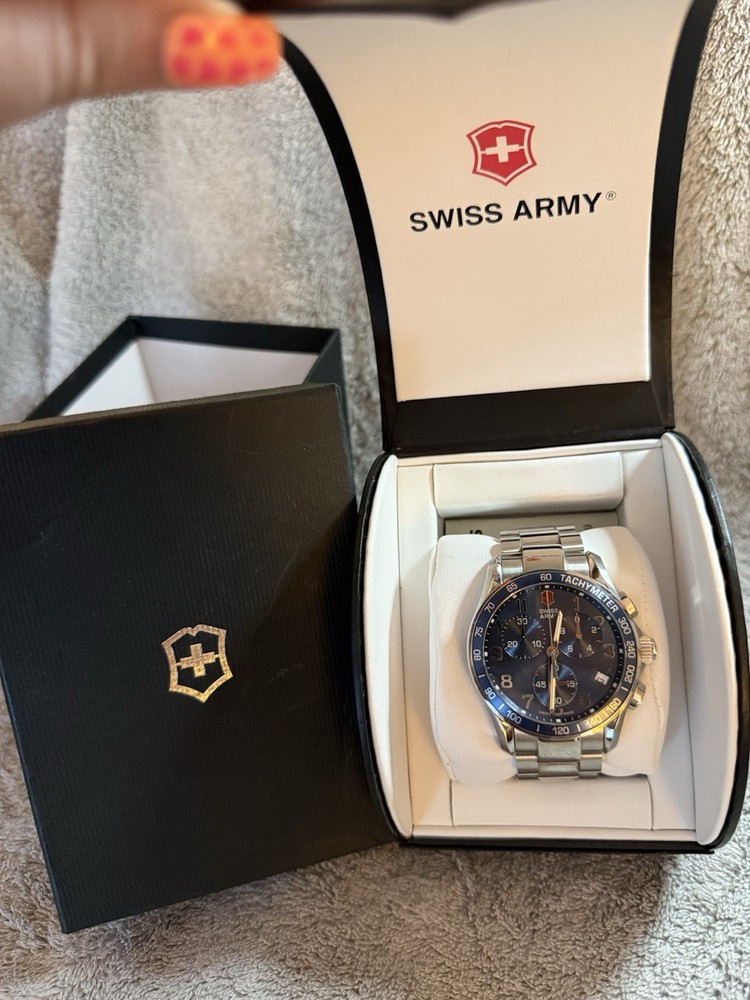 Swiss Army Chronograph Chrono Tachymeter Date Black Dial Blue Bezel SS Quartz