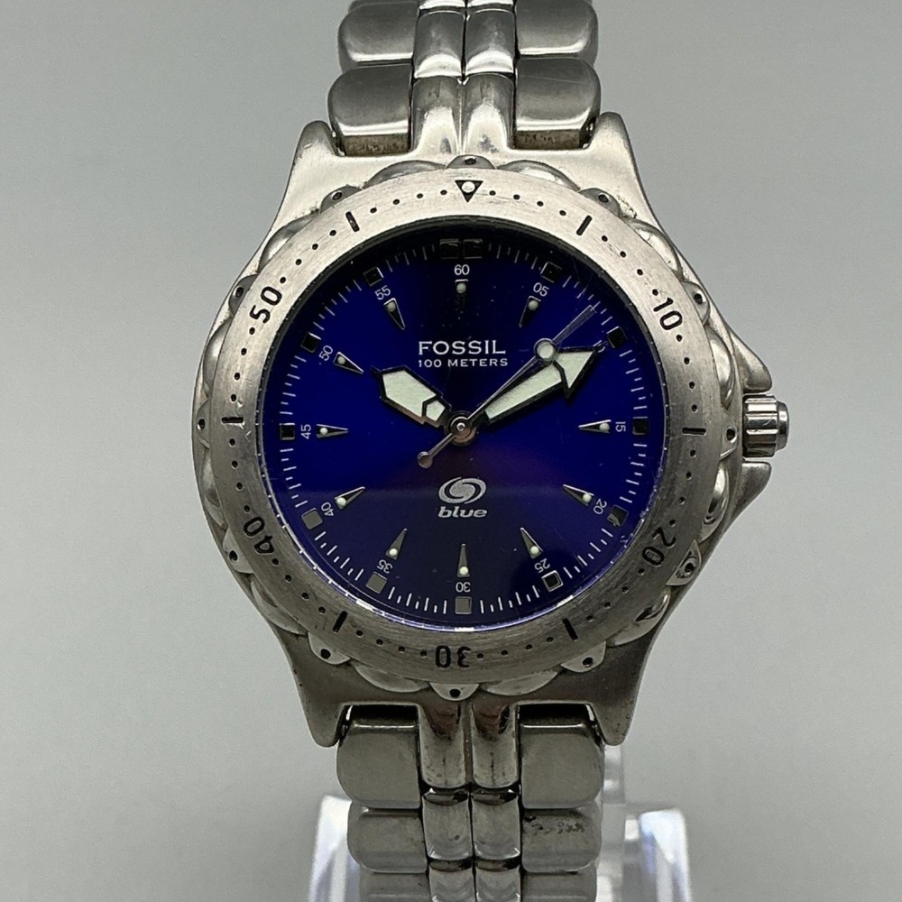 Fossil Mens Watch 35mm Blue Dial Diver AM-3715 Stainless Steel New Battery 6.75″