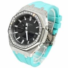 G-Shock GA2100 Custom Frosted Baguette CZ Bezel Turquoise Rubber Band Casioak St