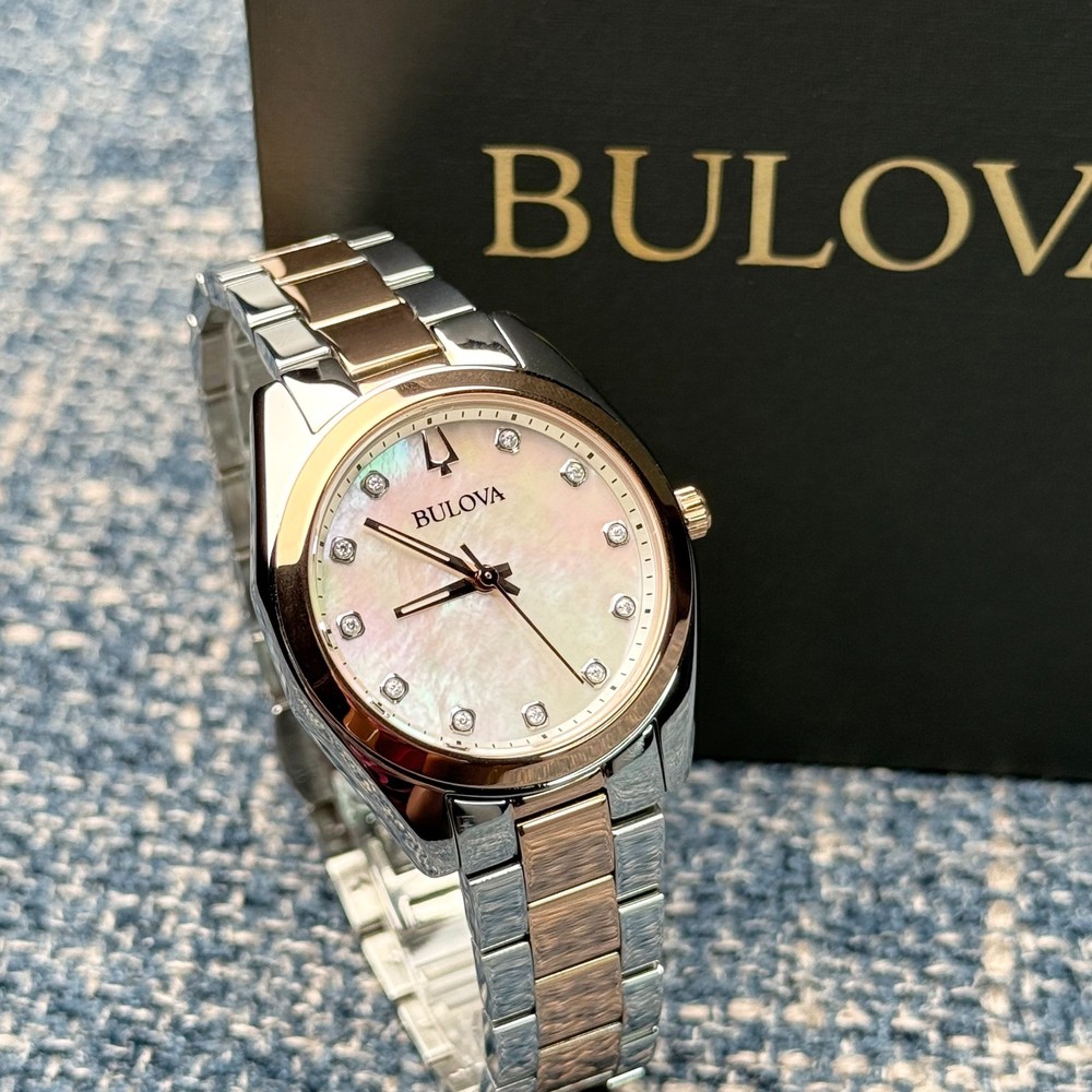 Bulova Surveyor 98P207 Mother of Pearl White Dial Rose Gold Strap Women’s Watch