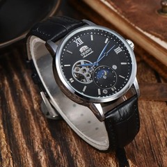 Orient Sun & Moon Semi Skeleton Automatic Watch Men’s Leather Strap Luxury Gift