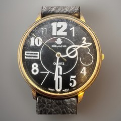 Dejuno Quartz Wristwatch Black Dial & Band Music Note Hand Needs Battery Vintage