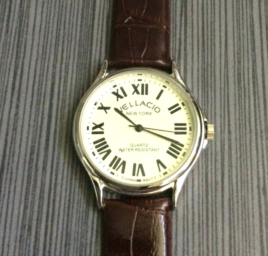 Vellacio Men’s Watch Round Beige Dial Roman Numeral Hours Brown Leather Band New