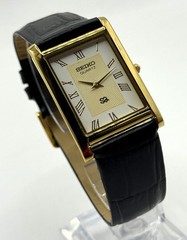 Vintage Refurbished Seiko Rectangular White Dial Black Faux Leather Strap