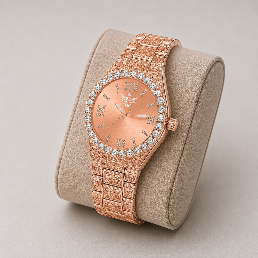 Men’s Rose Gold Plated Bling Watch CZ Bezel Quartz Date 44mm Hip Hop