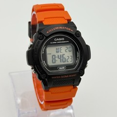 Men’s CASIO Digital Alarm Chronograph Watch, Black Case, Orange Band, W-219H-4AV