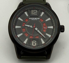 Akribos XXIV Mens Quartz Analog Date Black Dial Black Case Green Rubber Strap