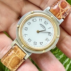 Vintage HERMES Clipper 34mm White Dial 2-Tone Quartz Watch Croc Leather Band