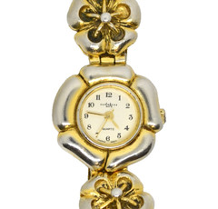 Vintage LA Express Womens Watch Gold Tone Flower Charm Link Bracelet Floral Dial