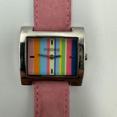 Pedre Watch Women Silver Tone Striped Dial Pink Suede Band New Battery 8.5 Inch